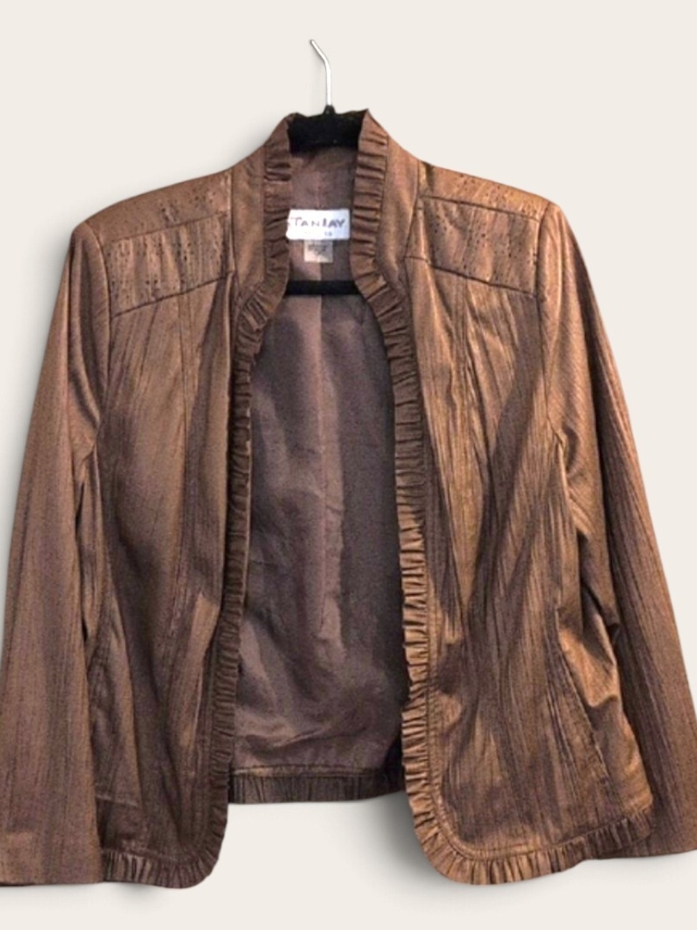 Vintage Bronze-Brown Open-Front Ruffle Trim Jacket